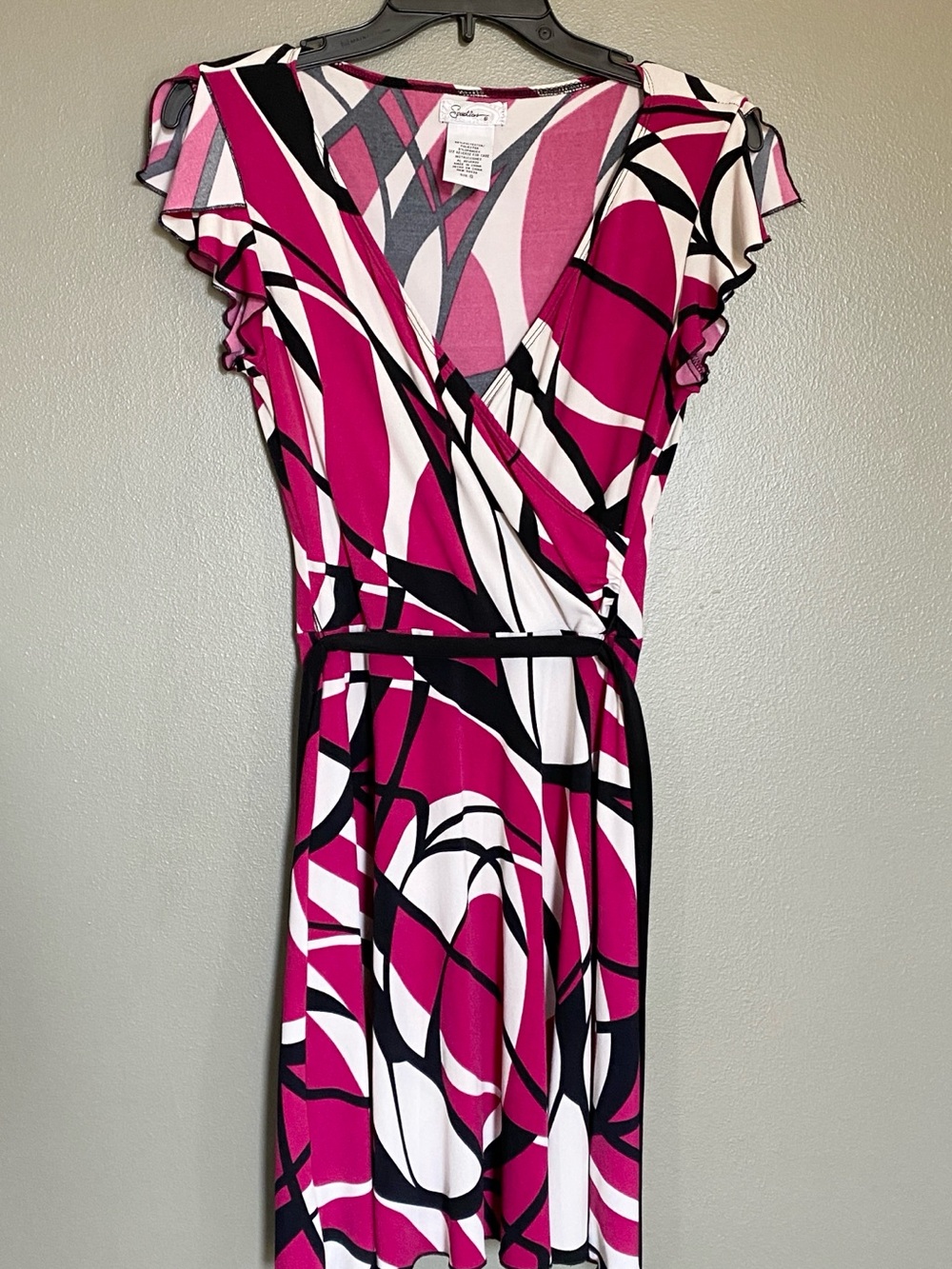 Pink, White & Black Abstract Wrap Midi Dress